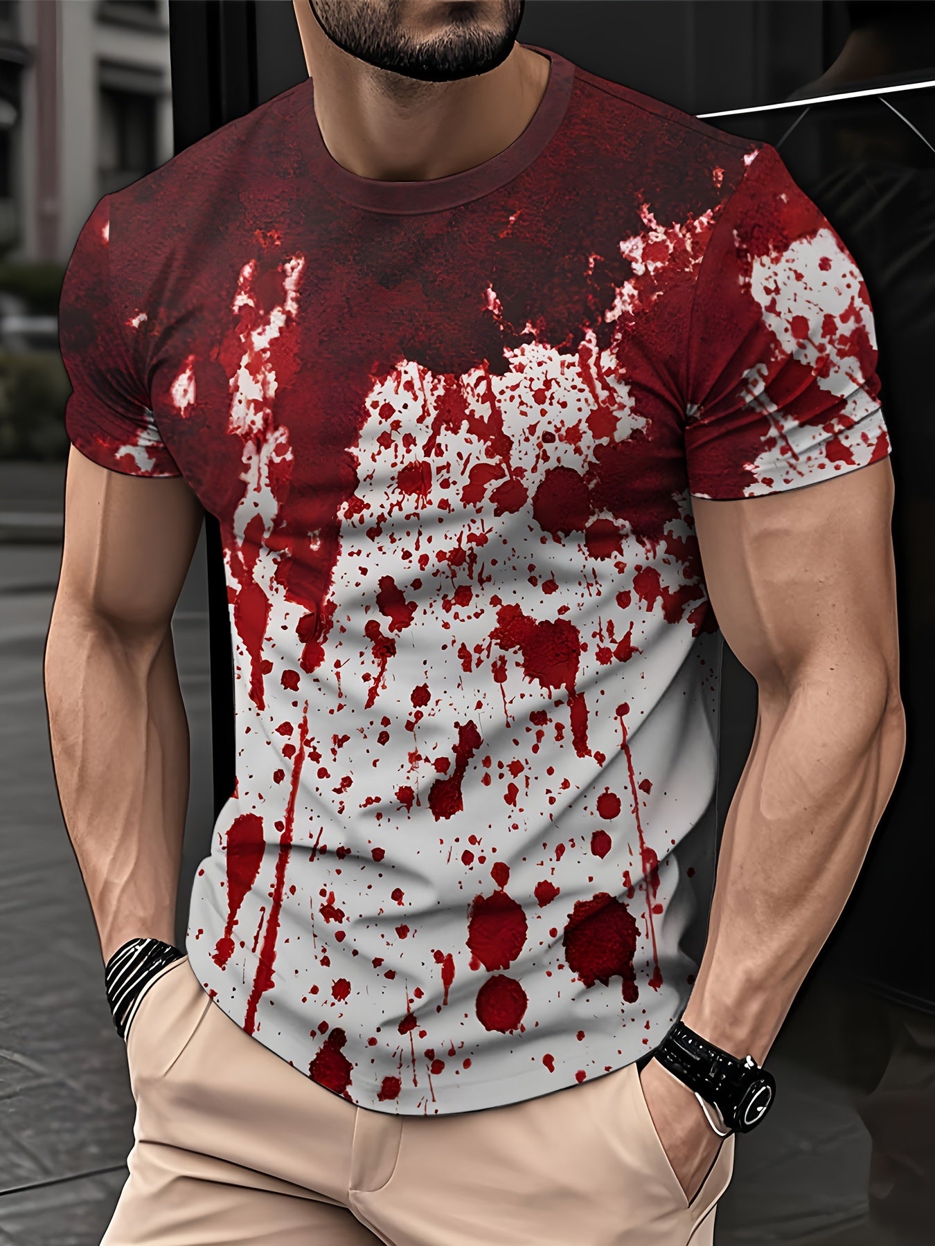 [Horror Blood Splatter Tee] Spooky Halloween Men's Horror Blood Splatter T-Shirt | Red Graphic Tee for Costumes, Parties - Non-See-Through Casual Shirt - Machine Washable for Everyday & Themed Outfits, Comfortable Fit