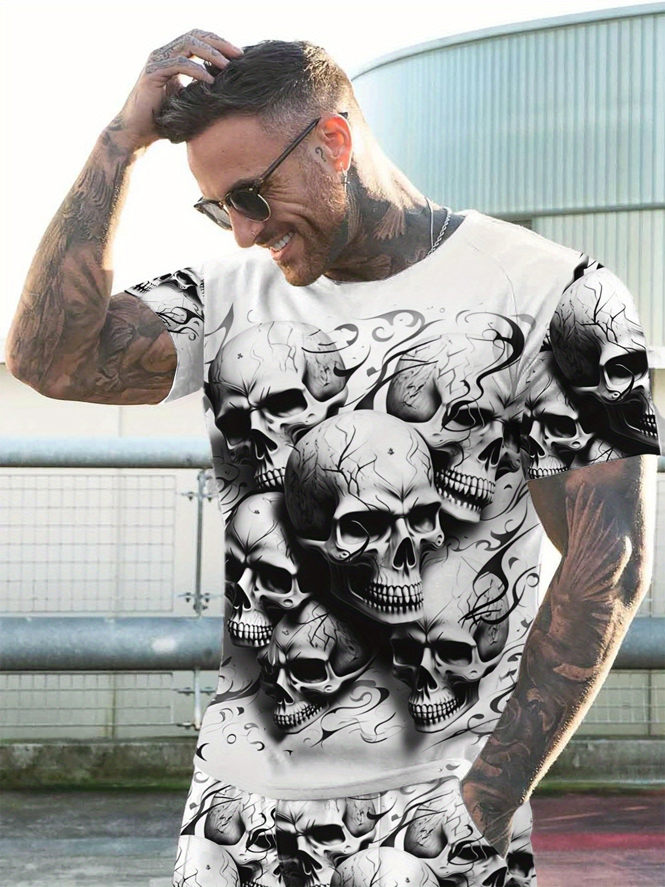 [Skull Print Set] 2pcs Men's Skull Print Set - 3D Graphic T-Shirt & Shorts | Summer Casual Sportswear, Black & White Skull Design, Comfortable Polyester Fabric, Perfect for Casual Attire, Graphic Print Clothing, Comfortable F