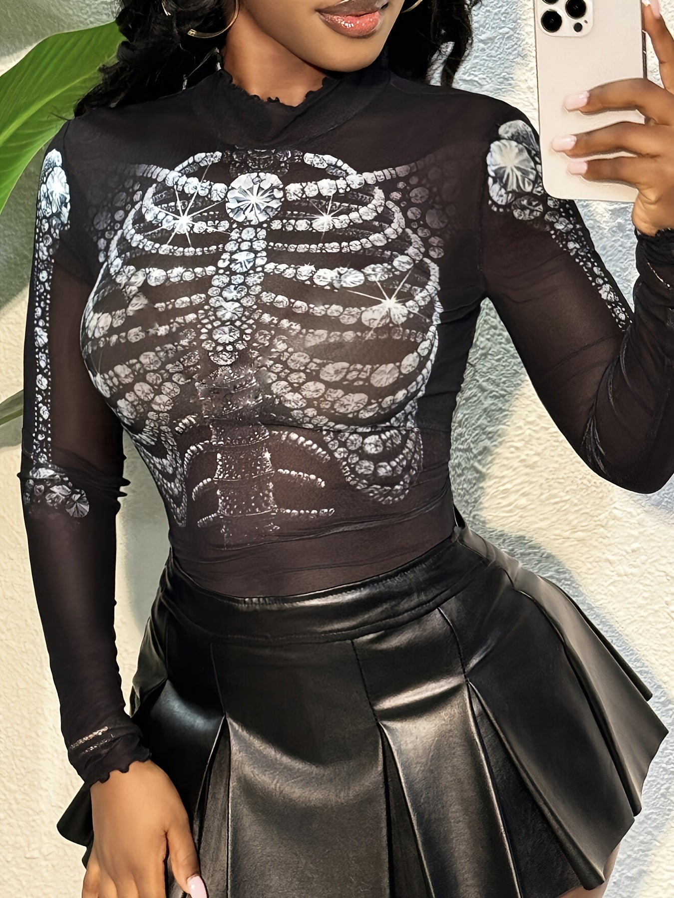 [Trendy Y2K Mesh Top] Y2K Women's Diamond Print Mesh Long Sleeve T-Shirt | Semi-Sheer Stretch Top with High Elasticity, Machine Washable, All-Season Versatile Layering Piece, Trendy Outfit, Edgy Fashion, Stretchy Fabric, Semi