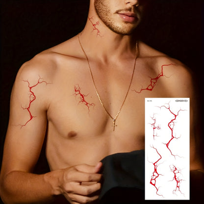 4 Lightning Tattoo Stickers with Floral Blood Vessel Design, Waterproof Halloween Makeup Face Decals - Realistic Black Sketch Temporary Tattoos for Men & Women: Arm, Thigh, Body Art, Long-Lasting Fake Tattoos