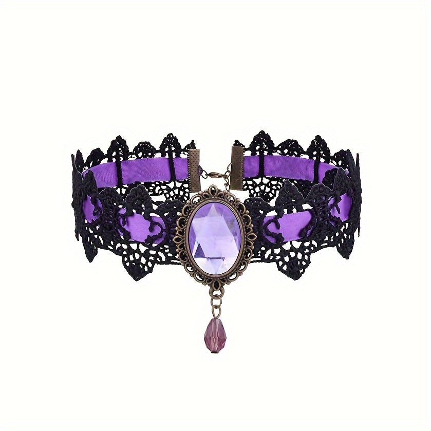 Gothic Lace Choker Necklace with Rhinestone, Adjustable Clavicle Jewelry, Women'S Fashion Collar, Gift for Parties, Halloween, All-Season Accessory