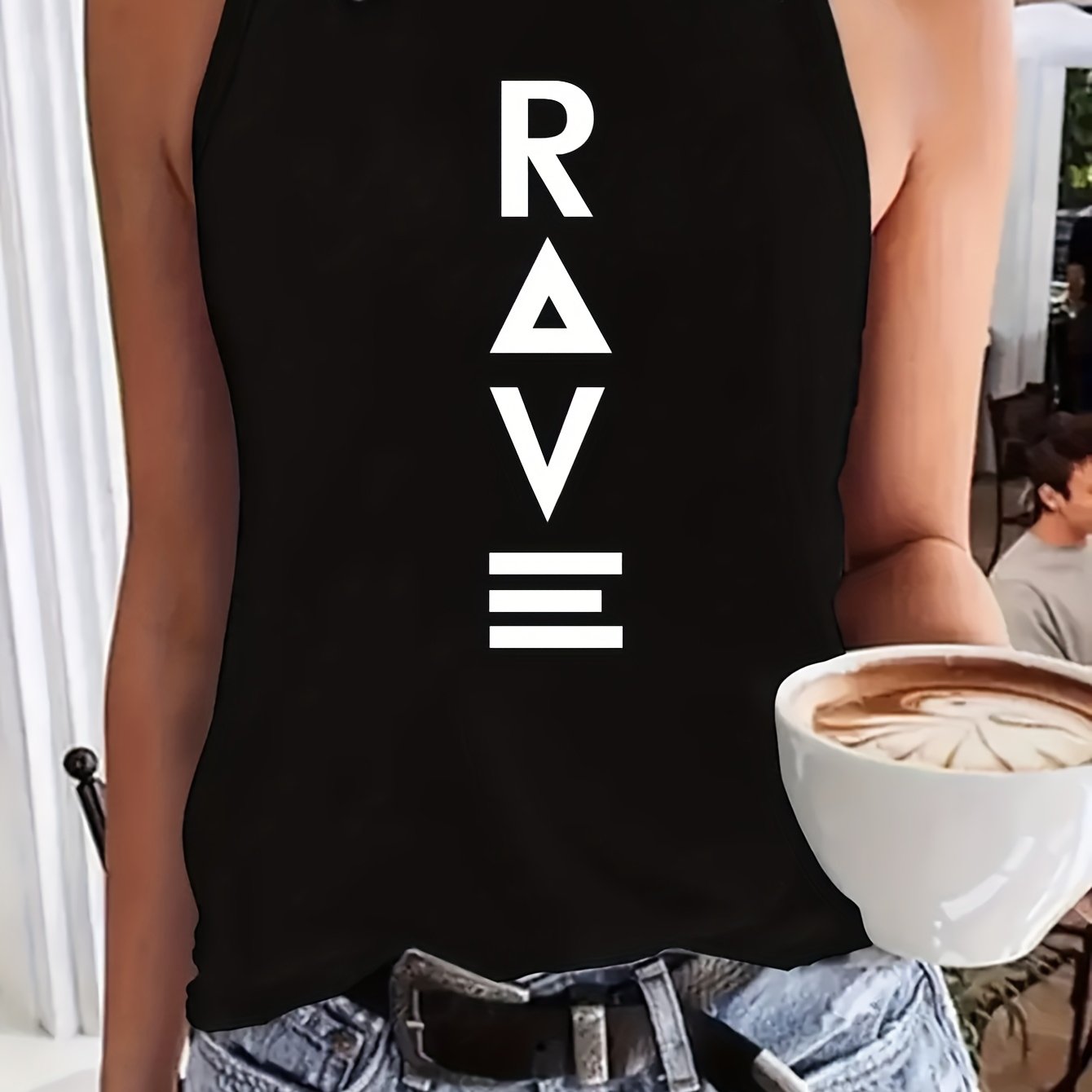 Women'S Casual RAVE Graphic Tank Top - Sleeveless, Round Neck, Light Brown with White Lettering, All-Season Fashion, Casual Attire|Bold Lettering Top|Durable Fabric