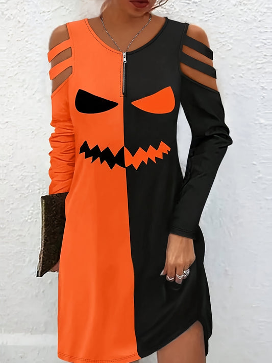 Plus Size - Women'S Halloween Party Dress - Spooky Jack-o'-Lantern Face Costume with Orange & Black colorblock, flared hem, Formal & Everyday Outfits - Plus Size Friendly Party Outfit for Halloween Celebrations & Themed Event