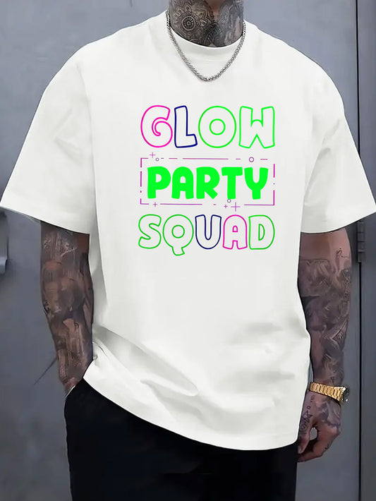Glow Party Squad Men'S Casual Short Sleeve T-Shirt - Vibrant Neon Green & Orange Print, Breathable Knit Fabric, Round Neck Summer Top for Outdoor Activities & Casual Wear, Glossy Finish Shirt