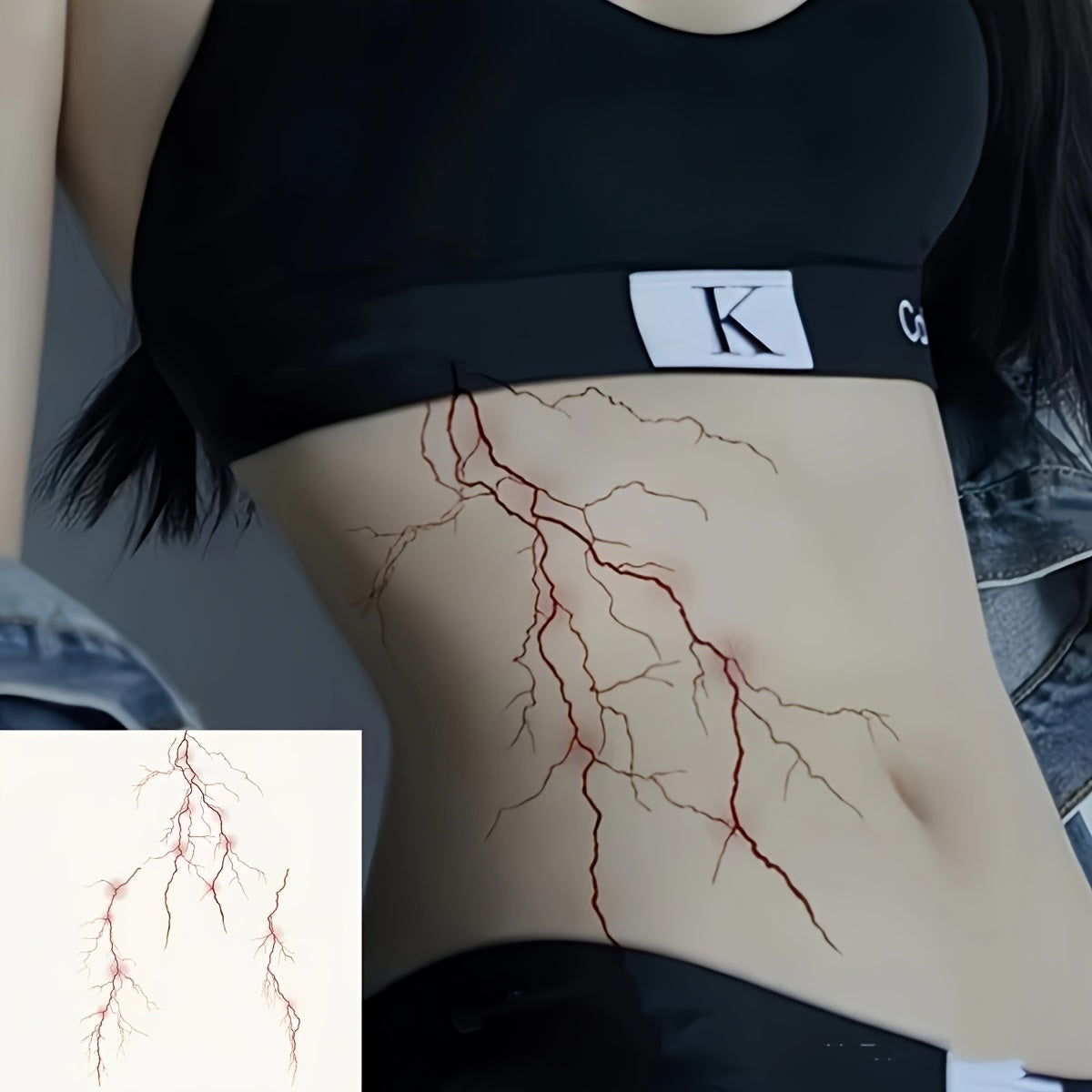 1pc Large Gothic Dark Style Black and Red Lightning Temporary Tattoo Sticker, Waterproof Creative Abstract Sexy Line Art, Halloween Blood Lightning Original Herbal Juice Tattoo Decal, Body Art