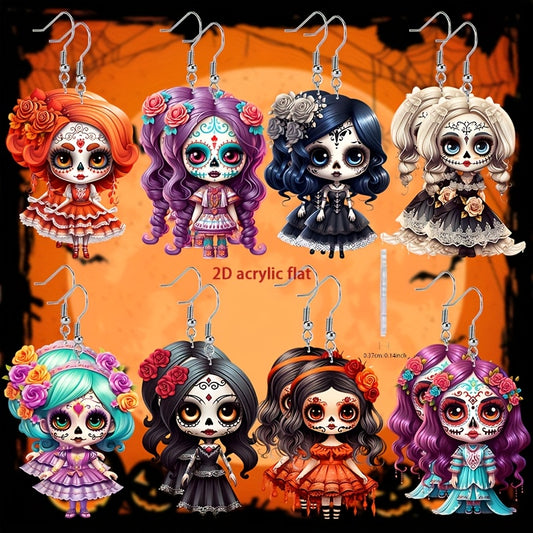 2D Flat, 8 Pairs/set Sugar Skull Acrylic Earrings Accessories Cute Pendant, Suitable for Fan Gifts Jewelry, 2D Flat