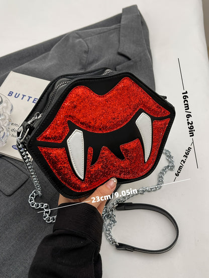 Vampire Lips Print Crossbody Bag - Gothic Style, Black with Red Lips & Fangs Design, Chain Strap, Zipper Closure, Perfect for Halloween & Daily Use, Halloween Accessory | Playful Accessory | Durable Zipper Closure, Halloween