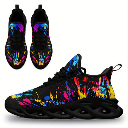 Men'S Fashion Casual Sneakers with Colorful Splatter Design - Ultra-Light Twist Sole, Comfortable Trainers for Running, Travel & Streetwear | Trendy Low-Top Lace-Up Shoes in Black with Vibrant Splash Pattern, All-Season Wear,