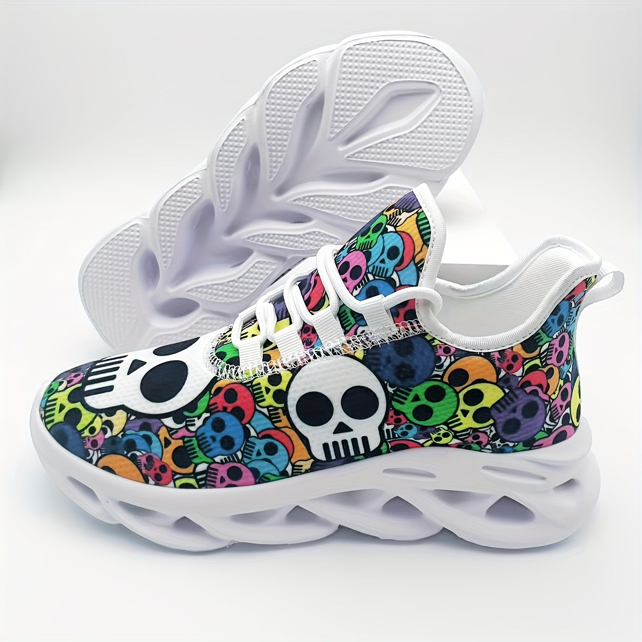 Stylish Skull Print Sneakers - Ultra-Breathable, Shock-Absorbing, Lightweight Running Shoes with EVA Insole for All-Season Comfort - Halloween-Inspired, Casual, Lace-up Athletic Footwear for Men