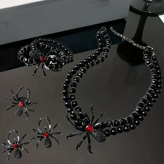 New dark Gothic-style spider jewelry set, perfect for Halloween costume accessories, a must-have for exaggerated European and American parties, a spider necklace, bracelet, adjustable ring and earrings 4pcs jewelry set