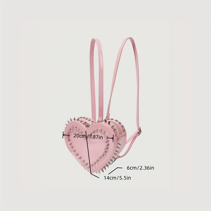 Women'S Punk Gothic Heart-Shaped Chain Backpack - Red Faux Leather with Metallic Studded Design, Adjustable Straps & Zipper Closure, Casual Daypack for Casual Attire, Casual Daypack | Punk Style Backpack | Metallic Studded Ba
