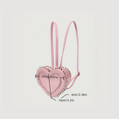 Women'S Punk Gothic Heart-Shaped Chain Backpack - Red Faux Leather with Metallic Studded Design, Adjustable Straps & Zipper Closure, Casual Daypack for Casual Attire, Casual Daypack | Punk Style Backpack | Metallic Studded Ba