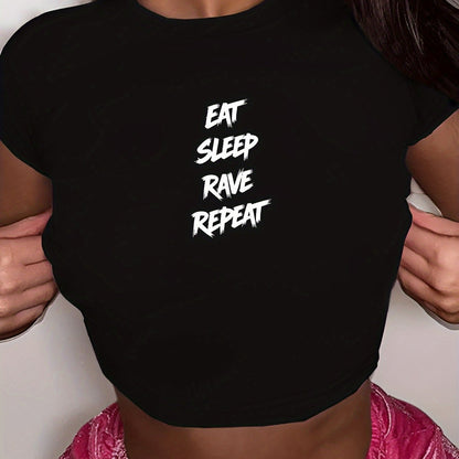 [Y2K Graphic Tee] Pink Polyester Y2K Style Graphic Crop Top T-Shirt - Women's "Eat Sleep Rave Repeat" Crew Neck Tee | Y2K Fashion | Casual Attire, Rave Party Apparel