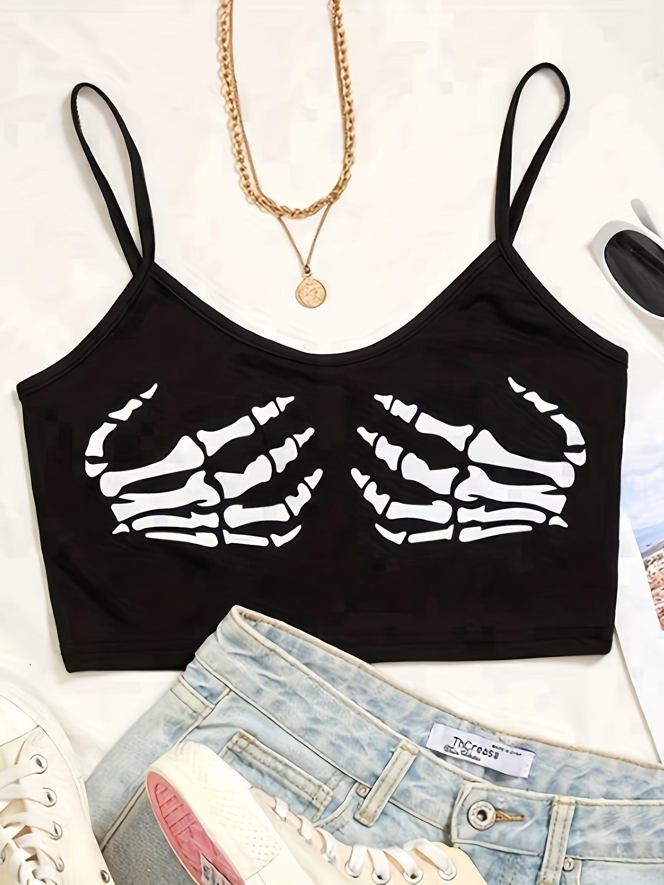 Women'S Sexy V-Neck Slingback Crop Top, Skull Hand Print, Knit Fabric, 95% Polyester 5% Spandex, All-Season, 180g/m², Polyester Knit Fabric, Sizes S-XL