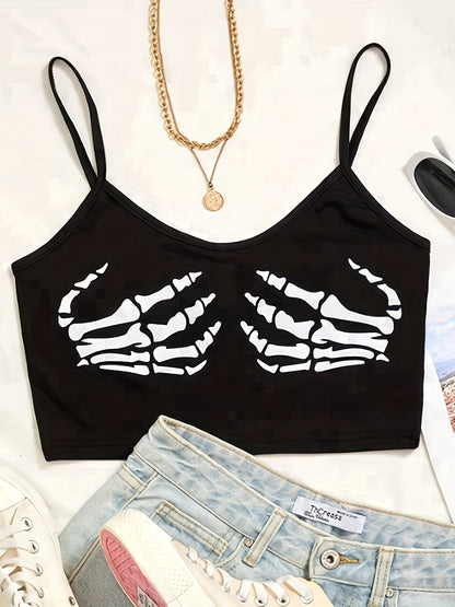Women'S Sexy V-Neck Slingback Crop Top, Skull Hand Print, Knit Fabric, 95% Polyester 5% Spandex, All-Season, 180g/m², Polyester Knit Fabric, Sizes S-XL