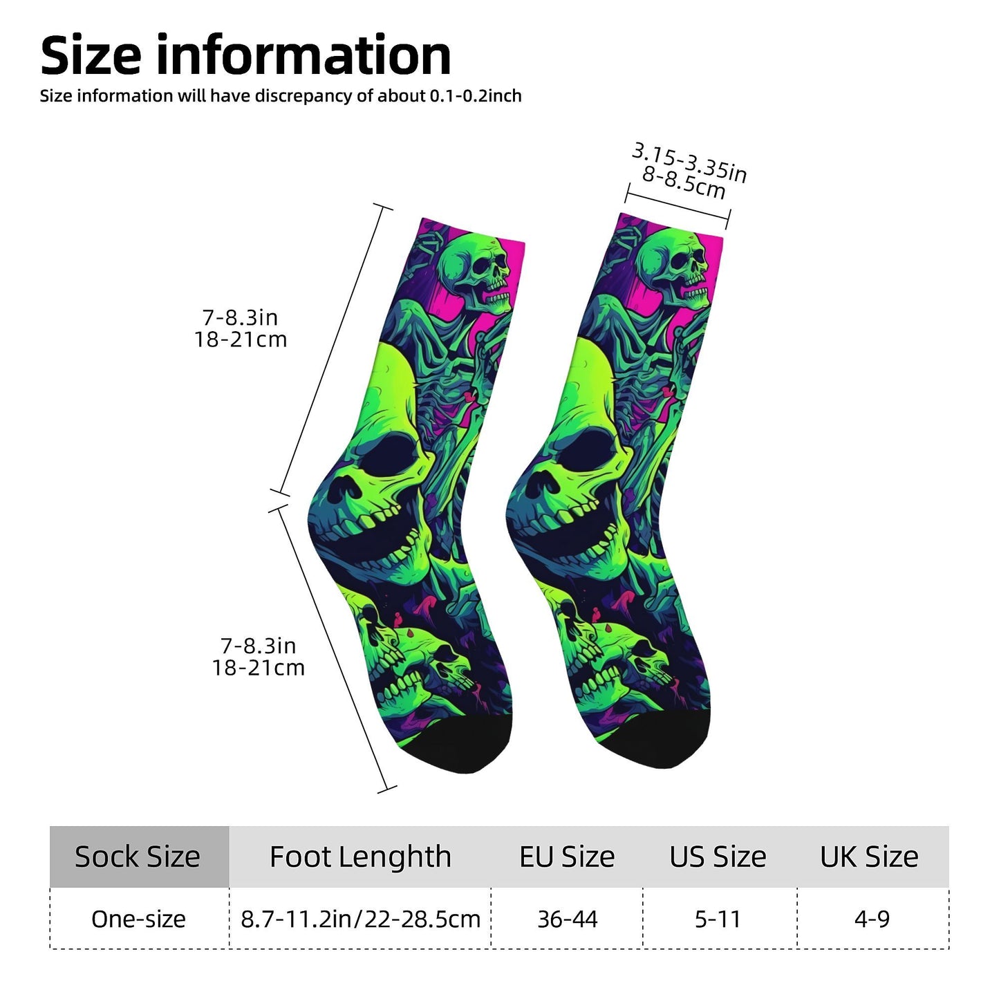 1 Pair Men's Neon Skeleton Knee-High Socks - Vibrant, Colorful Dancing Skeletons Pattern, Novelty Crew Socks, Polyester & Elastane Blend, Hand Wash Recommended, Novelty Socks | Skeleton Print Socks | Stretchy Fabric Socks