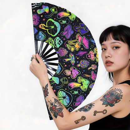 33.02cm Glow-in-the-Dark Mushroom Folding Fan - Vibrant Neon Psychedelic Design, Handheld PP Material for Parties, Raves, Halloween, Concerts, Cosplay & Themed Events - No Battery Needed, Mushroom Decor