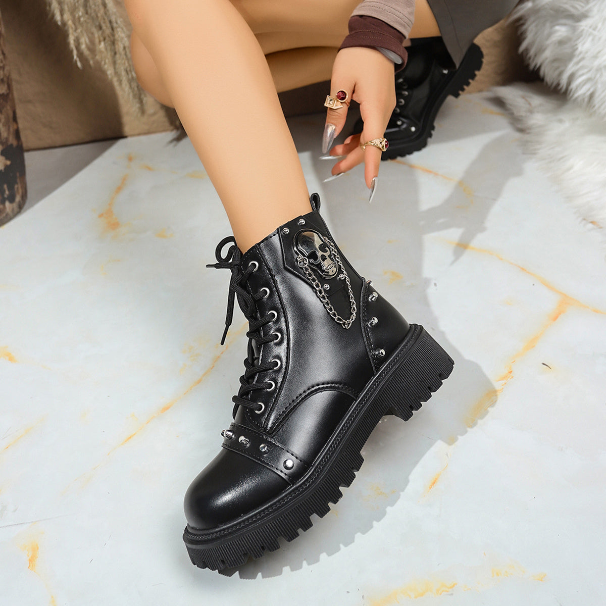 [Gothic Chunky Platform Boots] Women's Chunky Platform Boots - Gothic Lace-Up Ankle Boots with Thick Platform Sole, PU Synthetic Cover Upper, Round Toe for Edgy Streetwear, Concerts, Everyday - Non-Slip Rubber Outsole - Easy-