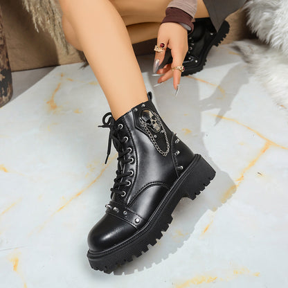 [Gothic Chunky Platform Boots] Women's Chunky Platform Boots - Gothic Lace-Up Ankle Boots with Thick Platform Sole, PU Synthetic Cover Upper, Round Toe for Edgy Streetwear, Concerts, Everyday - Non-Slip Rubber Outsole - Easy-