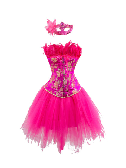 [Gothic Style Costume Set] Gothic Style Jacquard CORSETS + TUTU Skirt + Mask Set | Halloween Black Swan, Black Angel Costume Set - Party Outfit Set