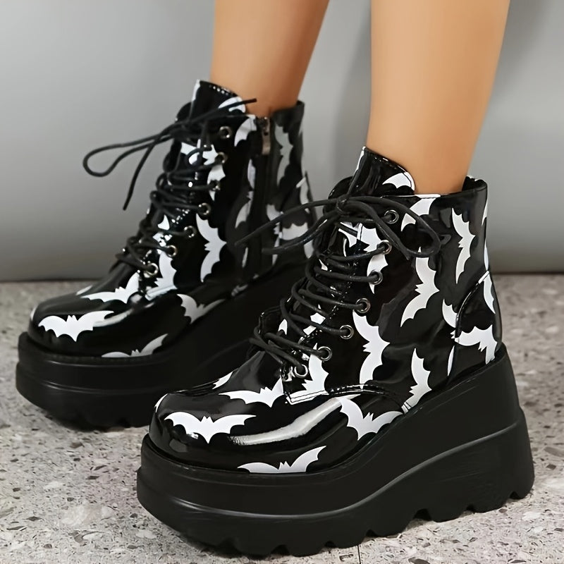 Women's Gothic Punk Chunky platform boots with metal eyelets & zip closure - Gothic rock style round-toe winter boots with thick PU sole, mid-heel lift, and chain-like straps - Heavy-duty synthetic Cover-like material for con