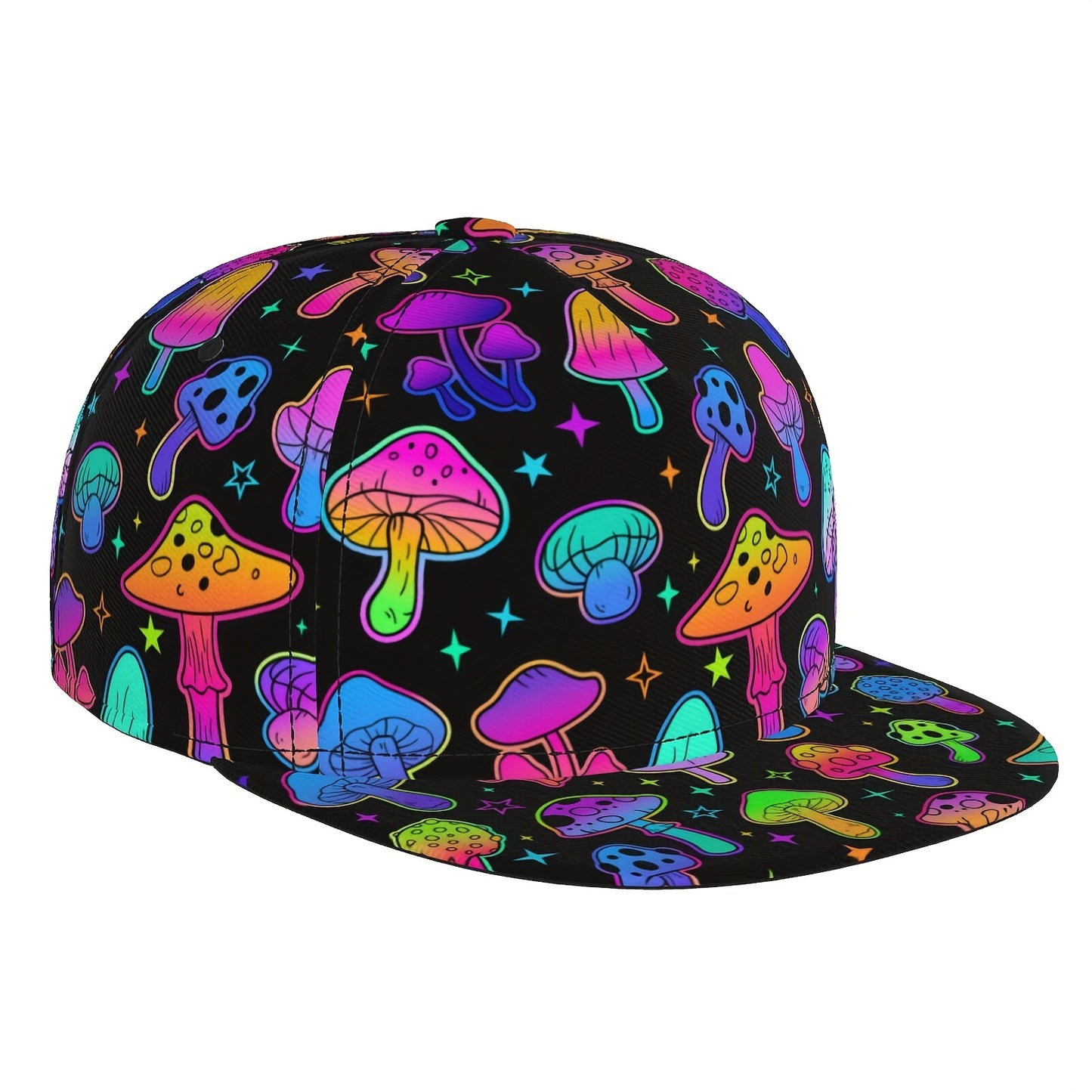 Vibrant Neon Mushroom Snapback Cap - Adjustable Flat Brim Hat, Hip-Hop Street Style, Colorful Design with Glowing Stars & Mushrooms, Perfect Gift for Men, Women, and Teens, Casual Headwear | Playful Design | Lightweight Hat,