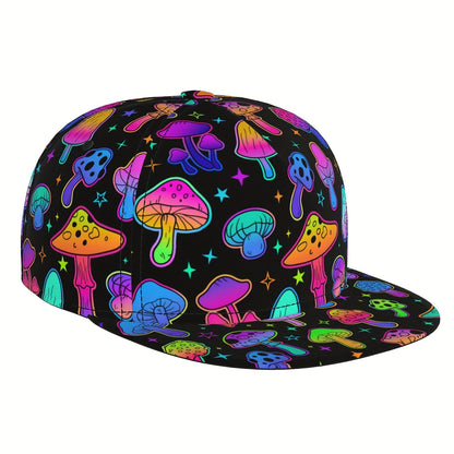 Vibrant Neon Mushroom Snapback Cap - Adjustable Flat Brim Hat, Hip-Hop Street Style, Colorful Design with Glowing Stars & Mushrooms, Perfect Gift for Men, Women, and Teens, Casual Headwear | Playful Design | Lightweight Hat,