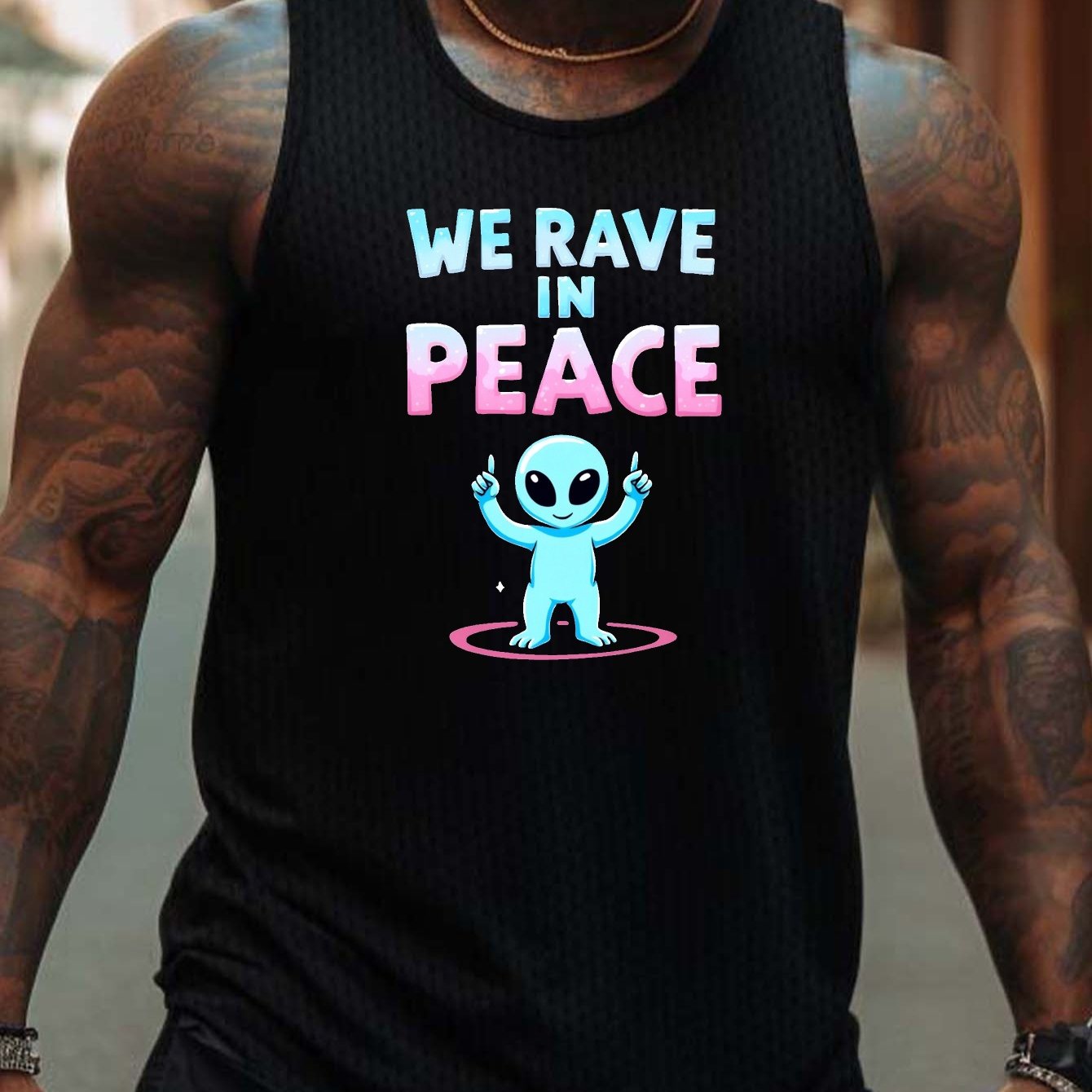 Men'S "We Rave in Peace" Graphic Tank Top - Casual Sleeveless Athletic Shirt, Breathable & Comfy, Black with Blue & Pink Alien Design, Perfect for Summer, Alien Clothe