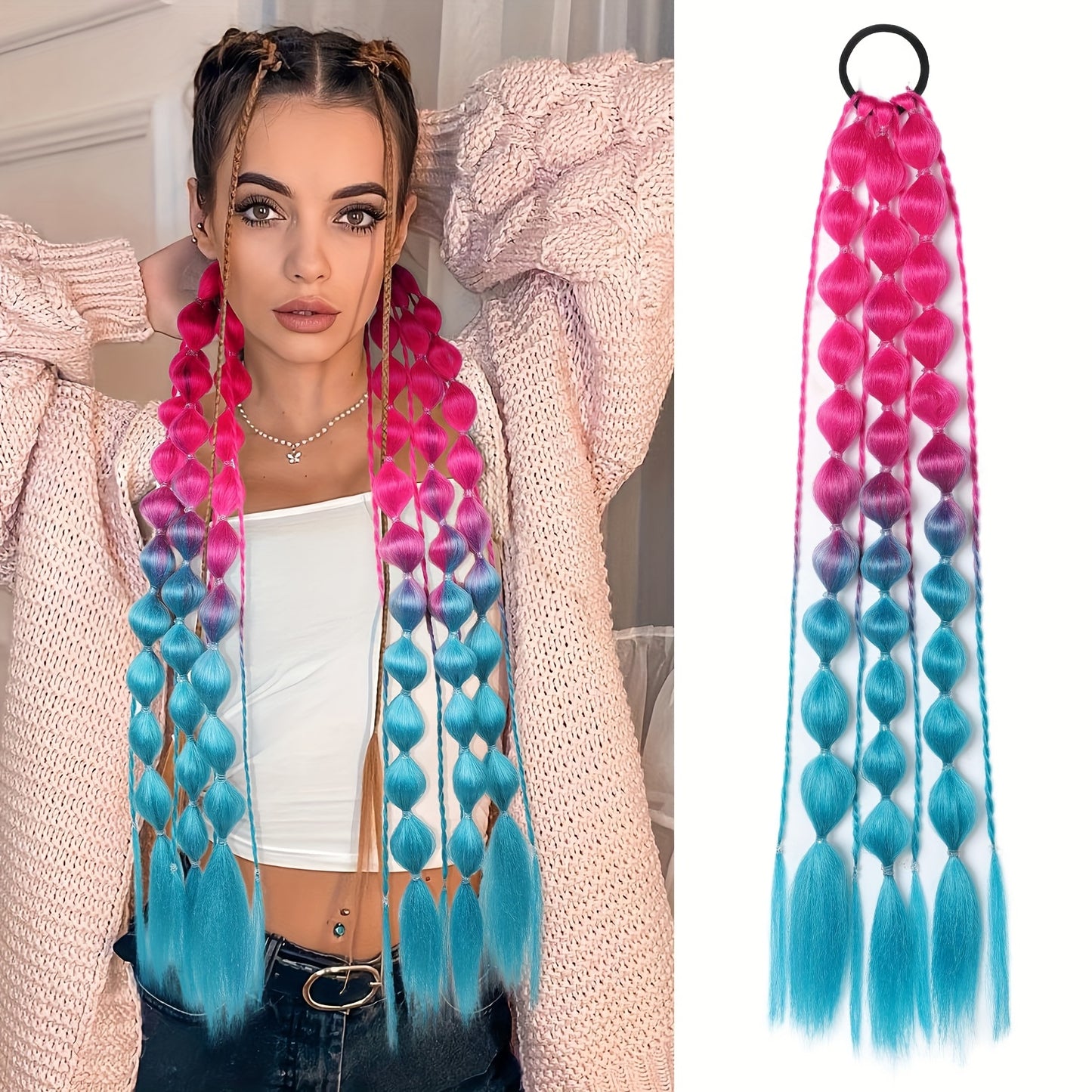 [1PCS Y2K Fashion Ponytail] 1PCS Y2K Fashion Bubble Braided Synthetic Ponytail Extension | Elastic Scrunchie Hairpiece, Versatile Style for Women, Suitable for All Occasions, Carnival/Mardi Gras/Masquerade