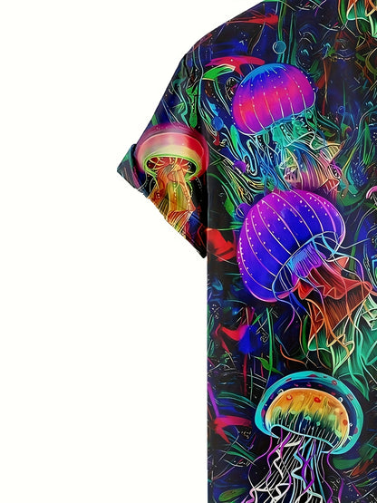 Men's Hawaiian Shirt - Bold Neon Glow Party Beach Shirt, Loose Fit Button-Up Summer Shirt with Non-Transparent Fabric for Nightclub, Casual Outings - Machine Washable, Nightclub Attire, Vibrant Print Quality