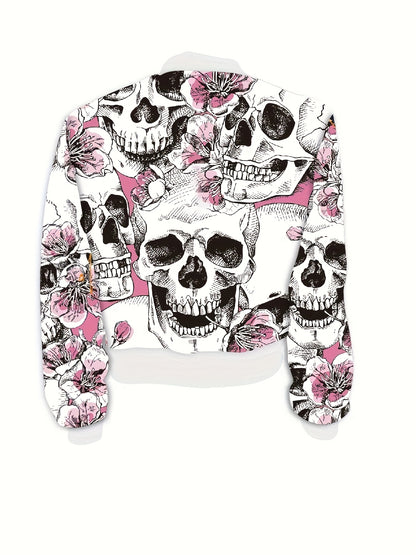 [Edgy Gothic Jacket] Gothic Women's Jacket - Black & Pink Skull Print, Zipper Front Coat | Machine Washable, Lightweight Outerwear for Halloween, Parties, Everyday Edgy Style - Non-Transparent Jacket, Halloween Clothes, Party