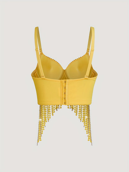 Sexy Fishbone Corset Top with Pearl Embellishments & Tassel Details - Vibrant Pink Stretchy Spaghetti Strap Bustier for Nightclub, Concert, Festival - Versatile All-Season Women's Fashion, Concert Attire, Elegant Style, Styli