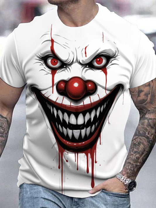 Men's Halloween Clown Horror Face T-Shirt - Scary Red Eyes & Bloody Effect, Lightweight Stretchy Polyester Knit Fabric Costume Party Shirt for Halloween Parties, Casual Attire - Machine Washable Spooky Clown Graphic Tee, Them