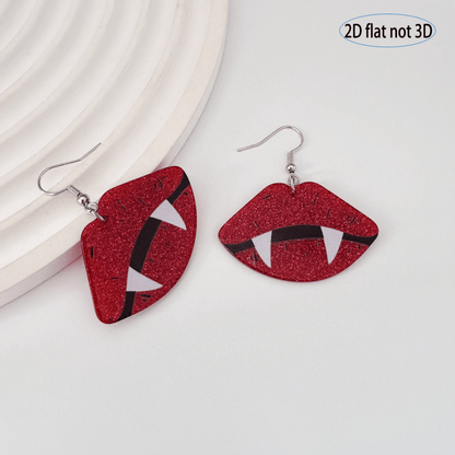 2D Flat, Pair of Red Lips & Fangs Glitter Earrings - 2D Flat Gothic Cute Jewelry with Sparkling Accents, Lightweight Dangle Earrings for Women, Perfect for Daily Wear & Halloween Party Accessories, Cute Earrings, Costume Jewe