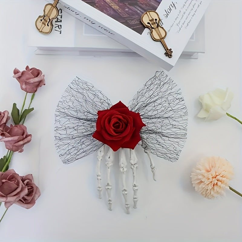 [Gothic Skull Hair Clip] 1pc Vintage-Style Gothic Skull Hair Clip with Faux Roses And Lace | Fashionable Side Hairpin for Spooky Vibe, Perfect for Parties And Everyday Wear