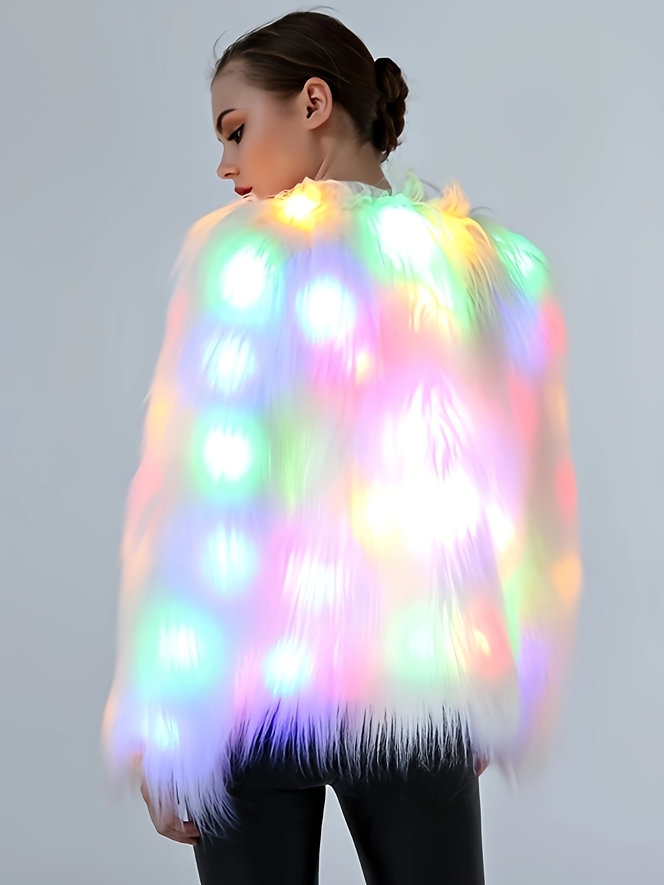 Elegant LED Faux Fur Coat for Women - Fashionable, Night-Lighting, Fall/Winter, Polyester, Non-Stretch, Solid Color, Regular Sleeve, Long Sleeve, No Belt, Pocket, Single Breasted Placket, Weekend Casual, Regular Fit, Adult, A