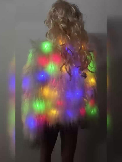 Elegant LED Faux Fur Coat for Women - Fashionable, Night-Lighting, Fall/Winter, Polyester, Non-Stretch, Solid Color, Regular Sleeve, Long Sleeve, No Belt, Pocket, Single Breasted Placket, Weekend Casual, Regular Fit, Adult, A