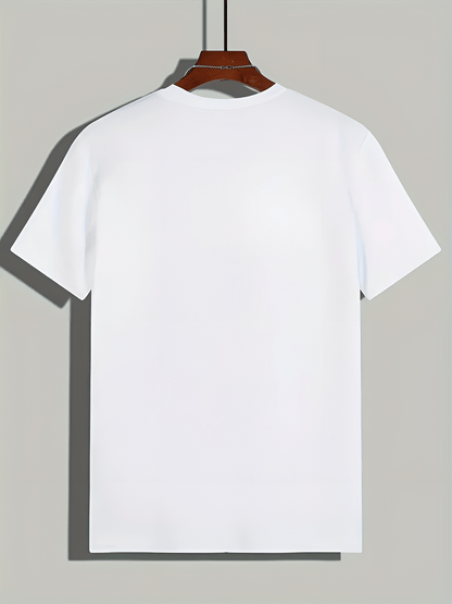 Men's Casual Summer T-Shirt - Soft Breathable Fabric with Bold "Techno" Letter Print & Orange Accent, Ribbed Collar, Regular Fit for Casual Attire, Summer T Shirts, Classic Round Neckline, Comfortable Tee Construction