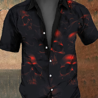 Men's Halloween Skull Print Short Sleeve Shirt - Black with Red & Orange Graphic, 100% Polyester Lightweight 140gsm, Regular Fit Button-Up Collar Top for Parties, Casual Wear & Outdoor Events