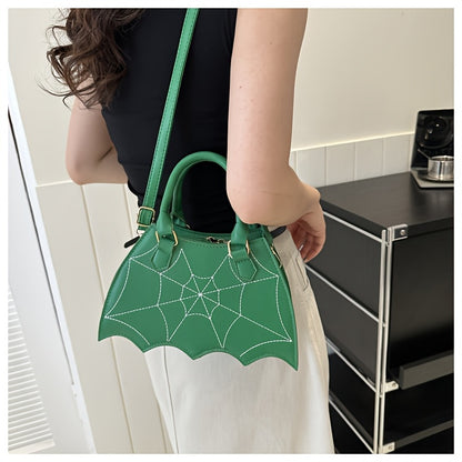 Halloween Women'S Bat Wing Spider Web Handbag - Lightweight Synthetic Faux Leather Tote with Geometric Spider Web Design, Zipper Closure & Detachable Strap, Gothic Style for Daily Use or Party Outfits, Durable Polyester Linin