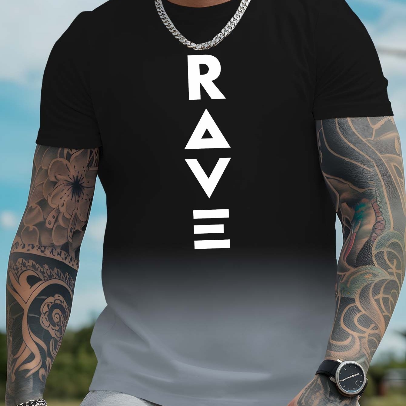 Men's Gradient Rave Graphic T-Shirt - Ice Silky Breathable, Quick-Dry, Round Neck, Short Sleeve, Casual Summer Tee in Vibrant Orange to Black Ombre Design