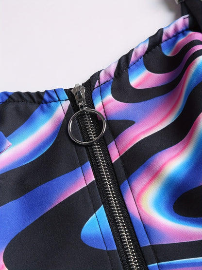 Women's Sleeveless Rainbow Striped Polyester Dress with Adjustable Straps and Front Zipper Closure - Casual Chic Design for All Seasons, Cute Dresses