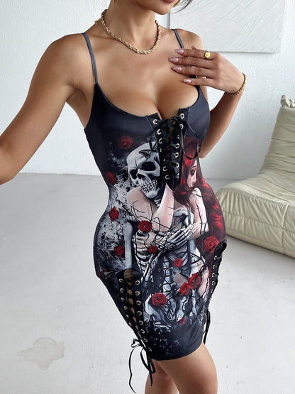 Romantic Cp Print Cami Dress, Sexy Cross Tie Bodycon Dress For Club & Party, Women's Clothing