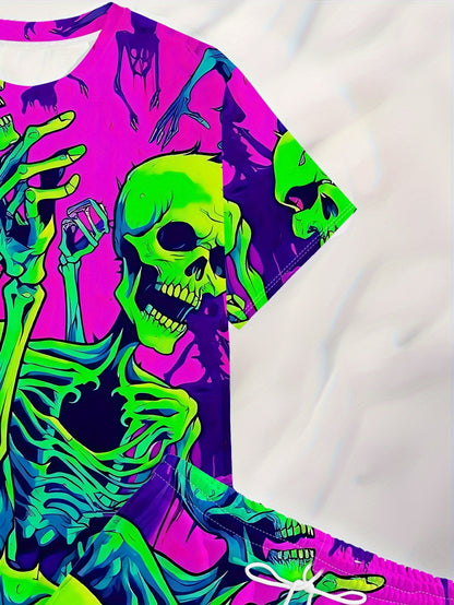 [Vibrant Skull Print Set] Vibrant Pink Men's Novelty Skull Print T-Shirt & Shorts Set | Green, Yellow & Blue Skeleton Design, Casual Crew Neck, Polyester Knit Fabric, Geometric Pattern, Regular Fit Pajama & Lounge Suit, Plus