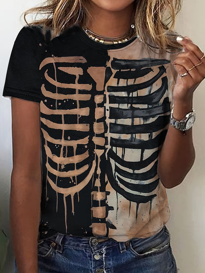 Women's Halloween Skeleton Graphic Long Sleeve T-Shirt - Edgy Casual Round Neck Top with Chest & Back Print, Machine Washable Regular Fit for Casual Attire & Halloween Parties, Halloween Clothes, Festive Party Attire, Trendy