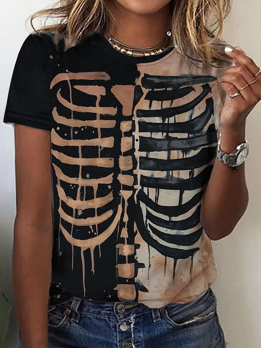 Women's Halloween Skeleton Graphic Long Sleeve T-Shirt - Edgy Casual Round Neck Top with Chest & Back Print, Machine Washable Regular Fit for Casual Attire & Halloween Parties, Halloween Clothes, Festive Party Attire, Trendy
