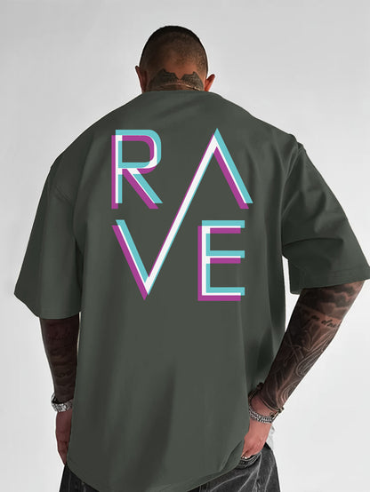 Men'S Casual Loose Fit Crew Neck T-Shirt with "RAVE" Graphic Print - Vibrant Neon Letter Design, Short Sleeve, Summer Essentials, Perfect Gift for Music Lovers, Everyday Tshirt | Vibrant Graphic Tee | Comfortable Fit, PLUS SI