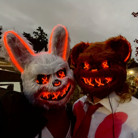 Spooky Glowing Bunny and Bear Mask - Orange, Plastic, Battery-Operated Halloween, Easter, Carnival Costume Prop with X-Eyes and Sharp Teeth Design, Includes Battery Holder (Batteries Not Included), Halloween Costume | Playful