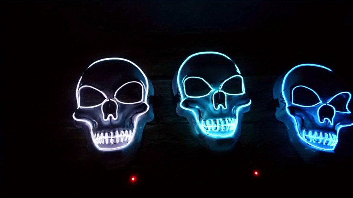LED Glowing Skull Mask with Blue Light Effects - Self-Lit Halloween Costume Party Mask with Expressive Eyes & Sharp Teeth, Battery-Powered (Batteries Not Included) for Men's Costumes, Themed Events, Gothic Performances - Comp