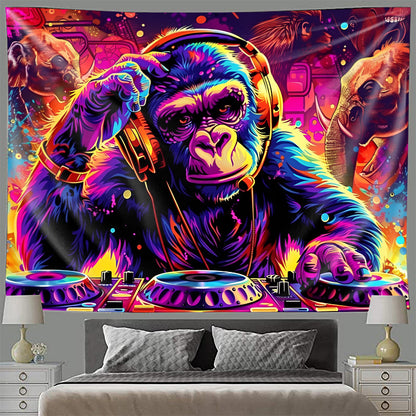 1pc Anime-Themed Blacklight Reactive Glow Tapestry, UV-Activated Wall Hanging with DJ Gorilla & Elephant, Knit Polyester Fabric, 85gsm, for Bedroom Ceiling, Dorm & Living Room Decor, No Electricity Needed